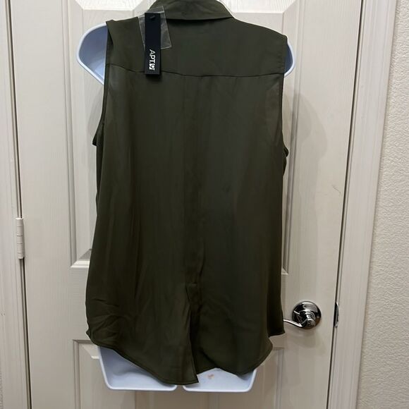 Apt 9 Blouse Collar Button Front Sleeveless Pockets Slit Grape Leaf Hunter Green - Picture 7 of 11